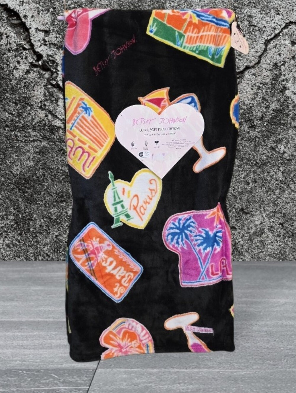 Betsey Johnson Black Throw Blanket with Neon Travel Patch Prints